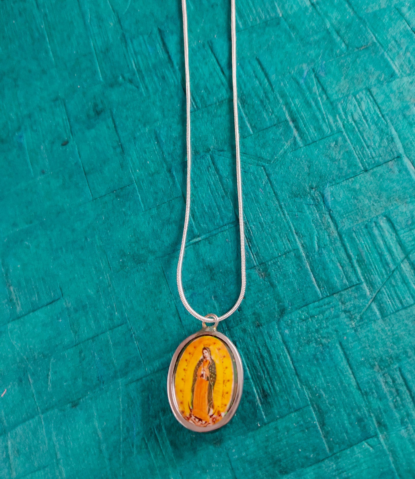 Our Lady Guadalupe Pendant Necklace 20" Silver Plated Snake Necklace Religious Gift