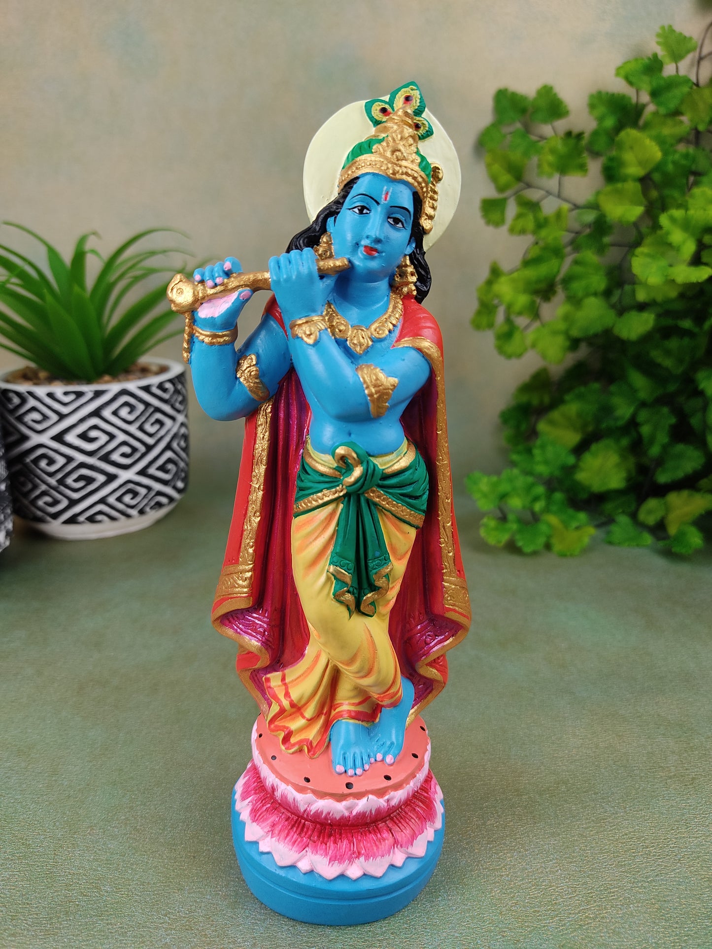 India God Sri Krishna Holy Ganges Clay Handmade Hand-painted Statue 7.25"