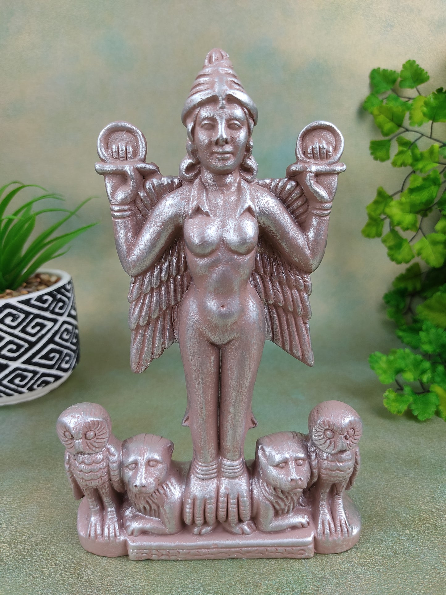 Sumerian Lilith Statue Handmade Goddess Clay Silver Finish Sculpture 7.25"