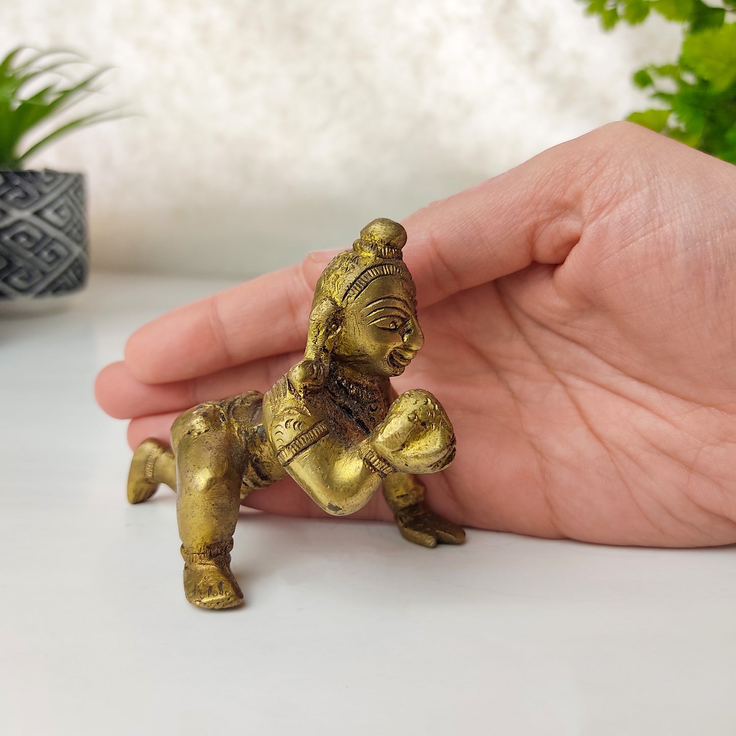 Baby Krishna Brass Deity Murti 3.5" Long Handmade Laddhu Gopal God Statue