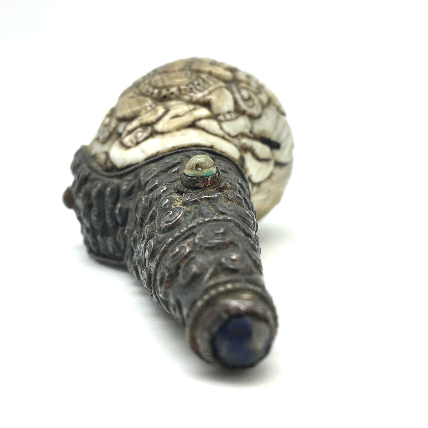 Conch-shell Trumpet Mahakala Silver Repousse Gemstones Tibet 20th century