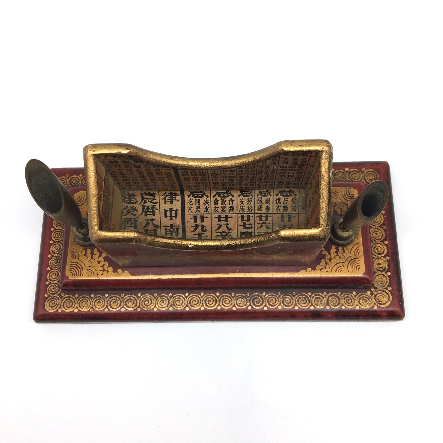 Vintage Chinese illustrated Wood Business Card and Pen Holder Desk Stand