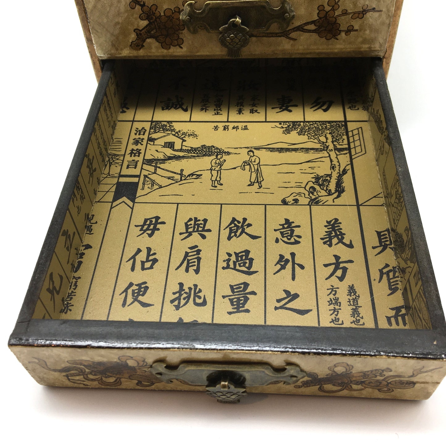 Hand-painted Oriental Jewelry Mirror Keepsake Wooden Box Decorative -2 Drawers