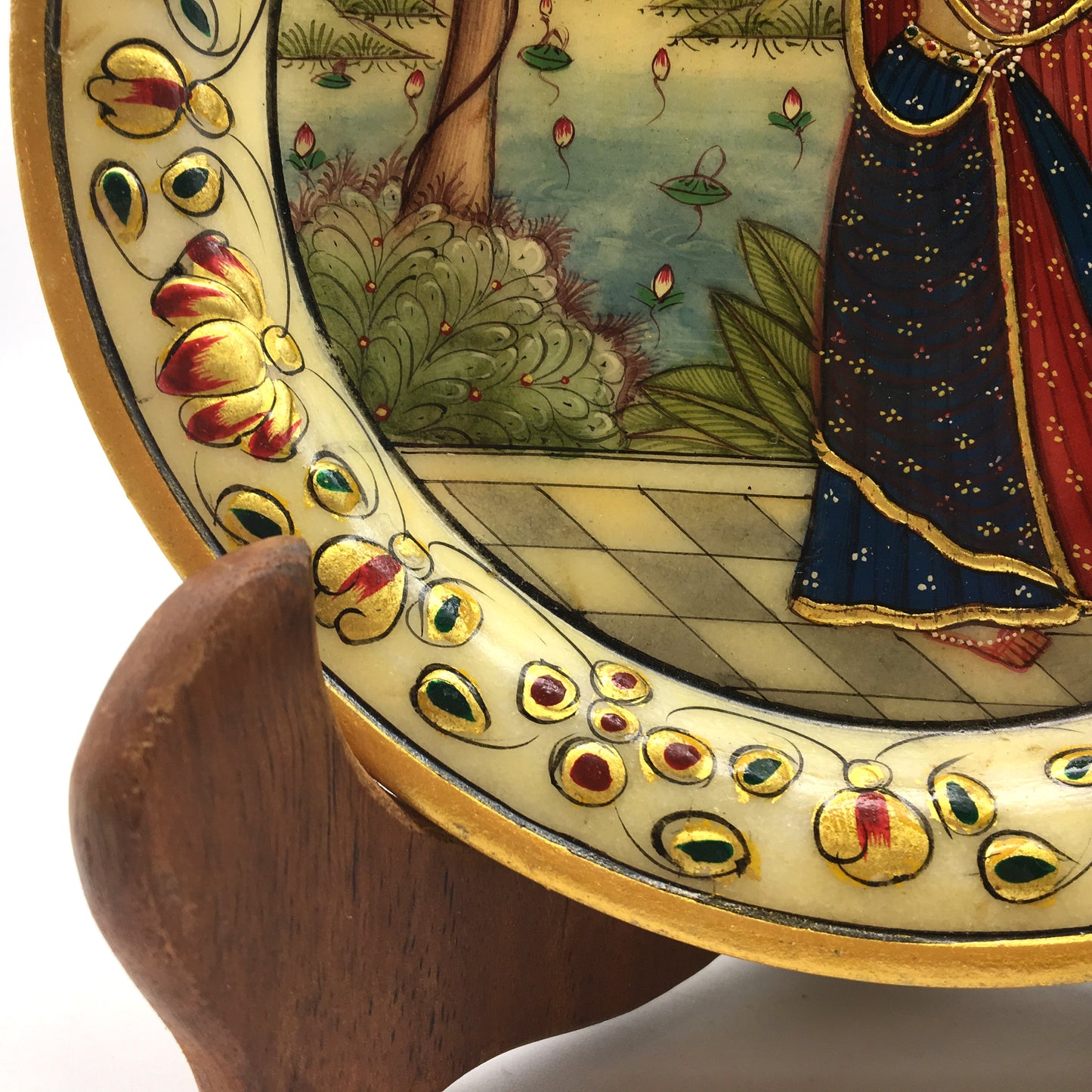 Handmade Collectible India Decorative Marble Plate with Wood Stand-Gold Trim - Montecinos Ethnic