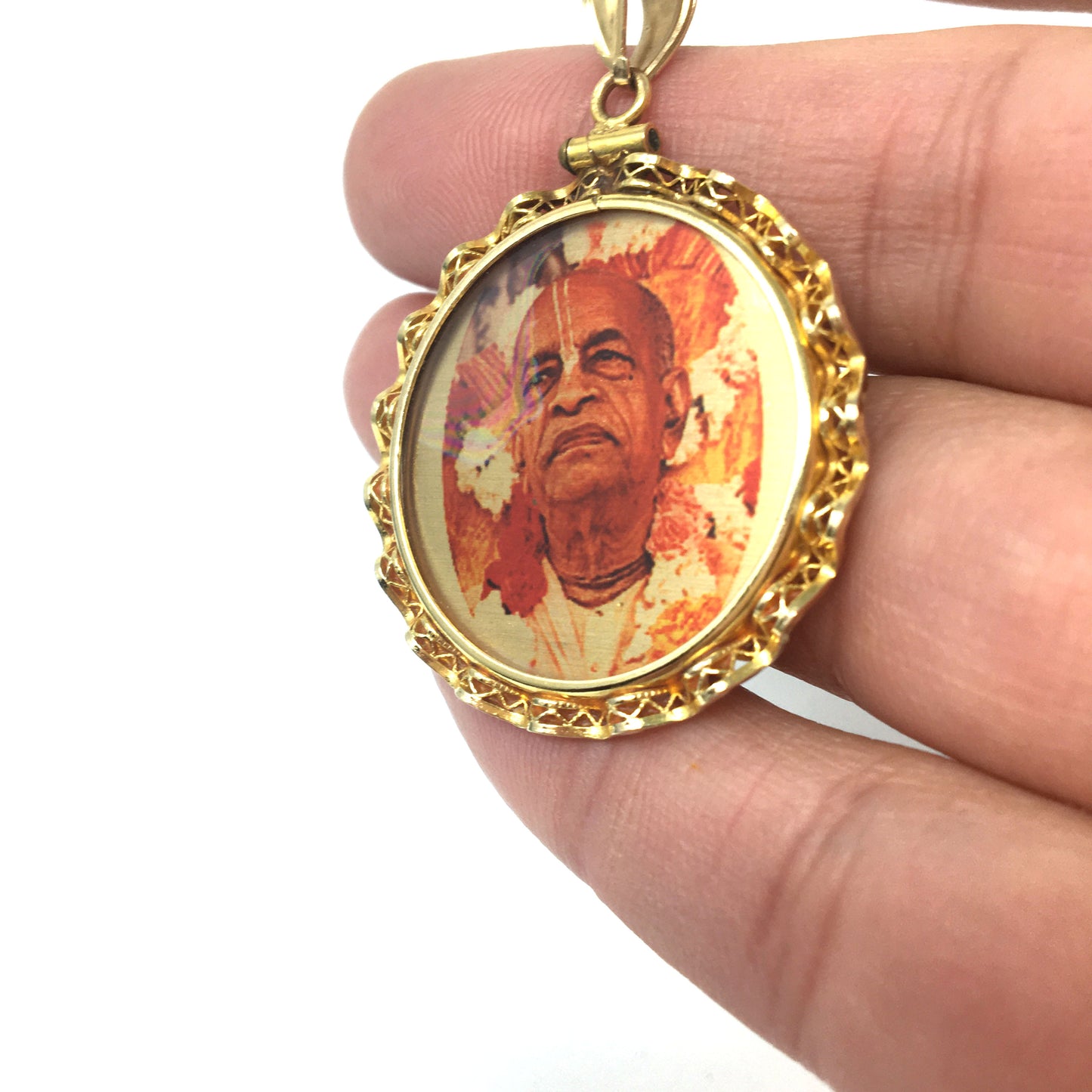 14K Gold Double Sided Picture Pendant Prabhupada and India God Krishna Shyam
