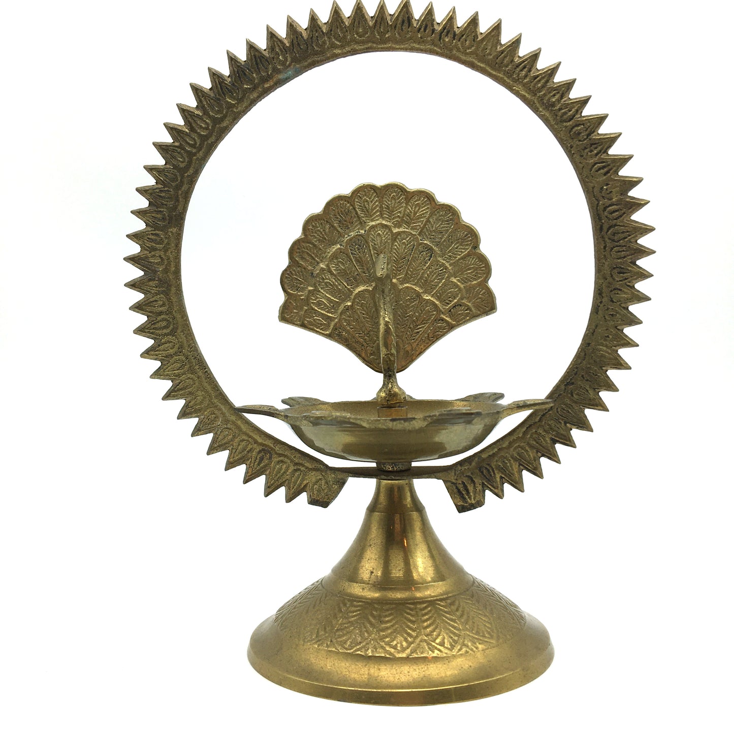 India Brass Five Wick Peacock Oil Lamp Decorative Temple Home Puja Lamp 7.5"