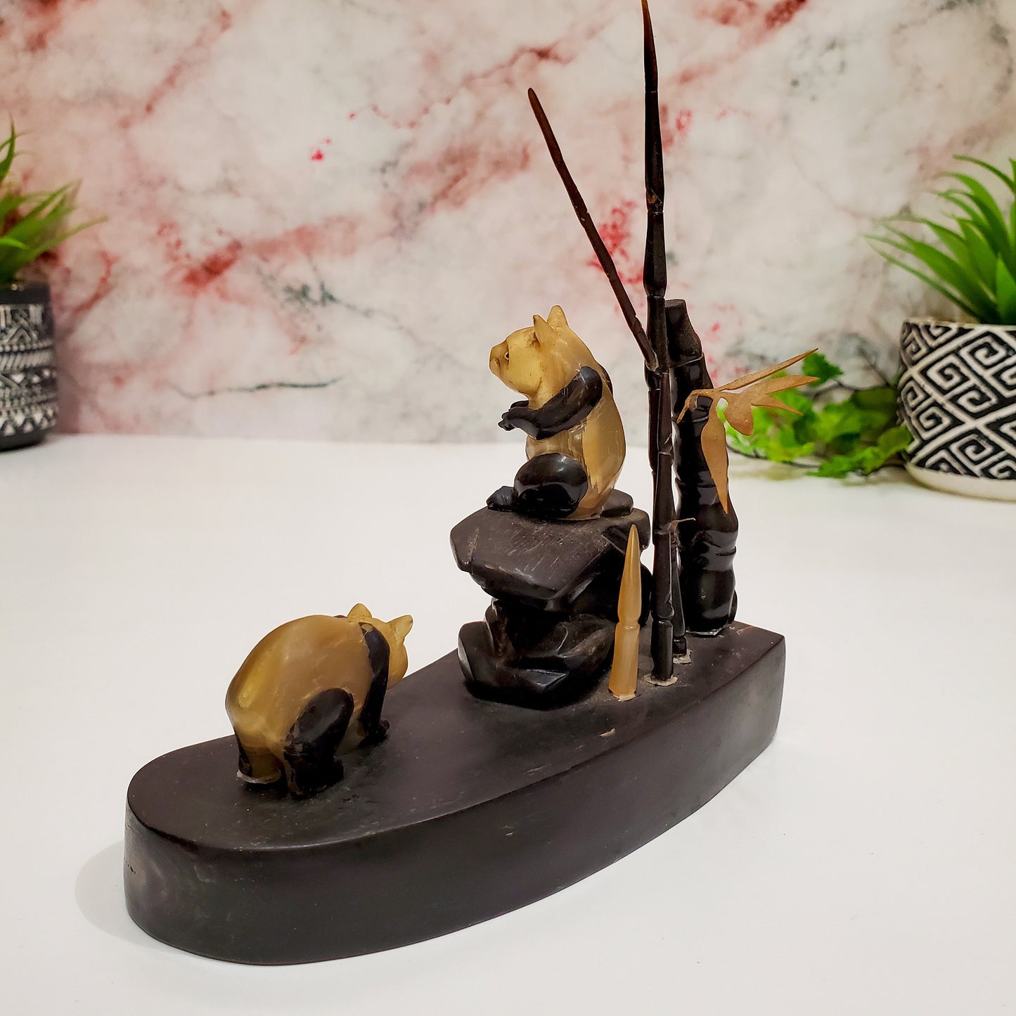 RARE - Chinese Horn Panda Bears Hand-carving Collectible Sculpture - 5.5" Long