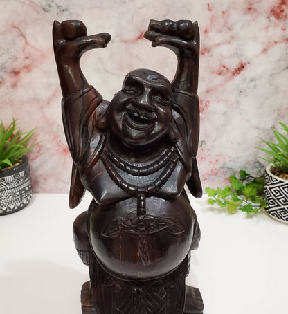 12.5" Tall Vintage Rosewood Solid Wood Carved Chinese Happy Buddha Statue Sculpture