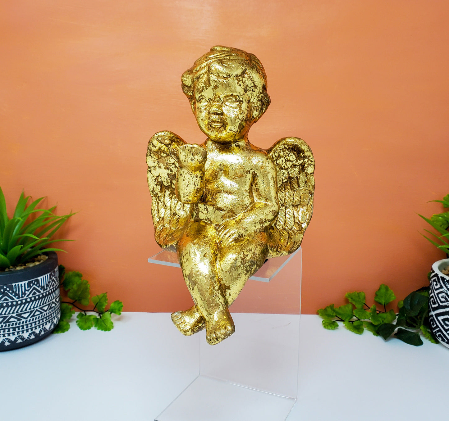 Gold Leaf Angel Cherub | Gold Paper Mache Baby Angel Mantel Statue Decor 7" Tall