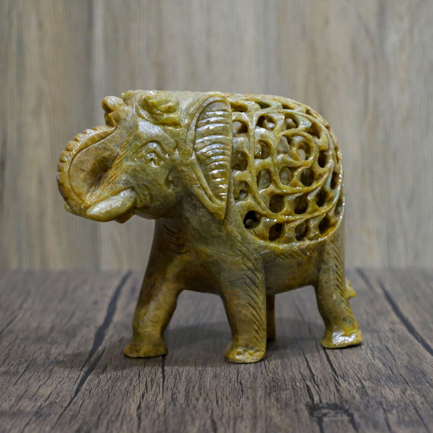 Hand Crafted Elephant Trunk Up Statue | Natural Soapstone Good Fortune Elephant w/baby Home Decor - 7" Long