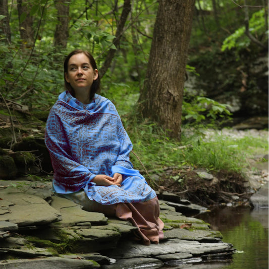 Denim Blue Large Meditation Yoga Prayer Shawl - Krishna Maha Mantra - Rayon