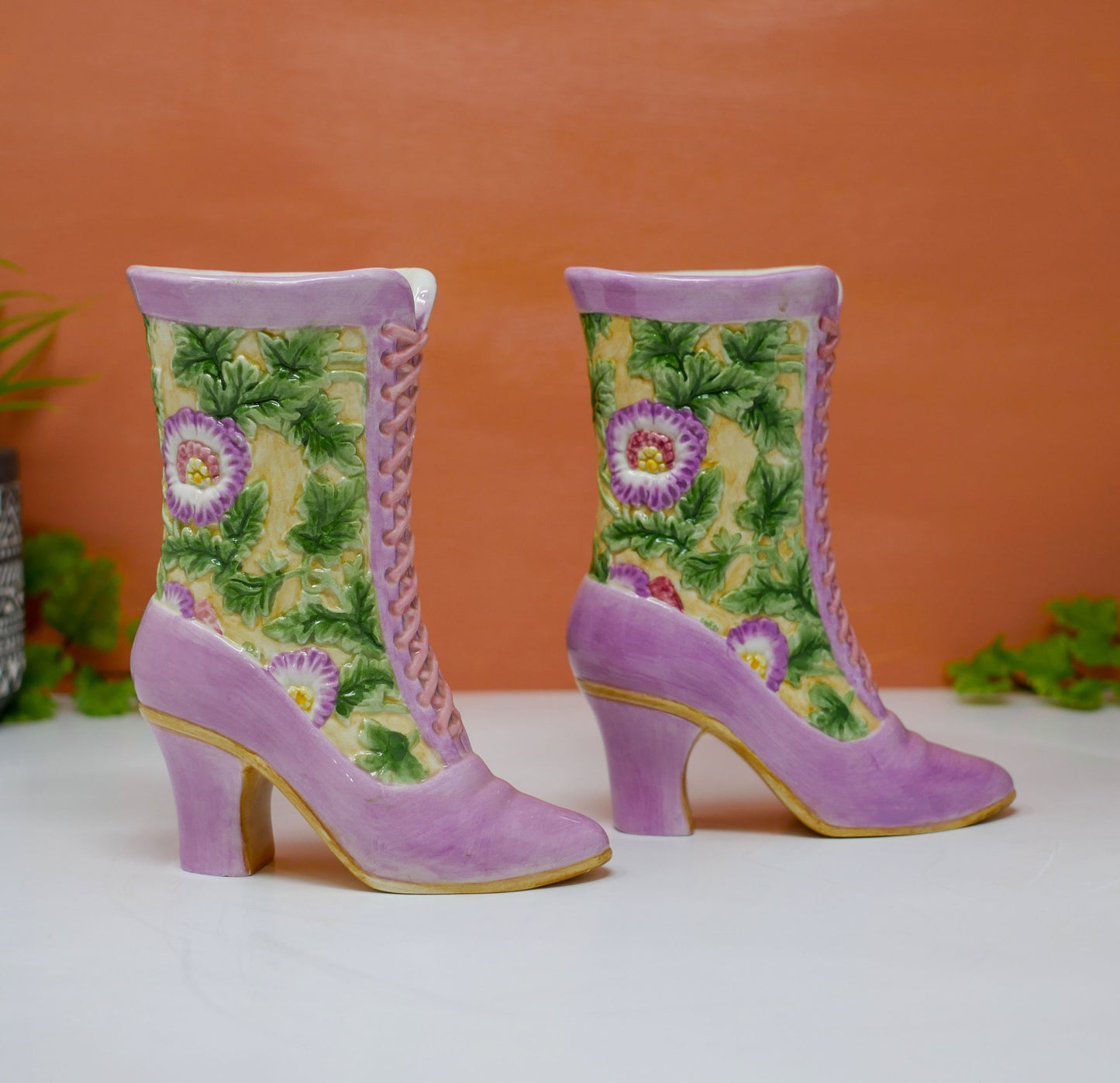 Vintage Fitz and Floyd Essentials Ceramic Laced Victorian Boot Vase - Set of 2