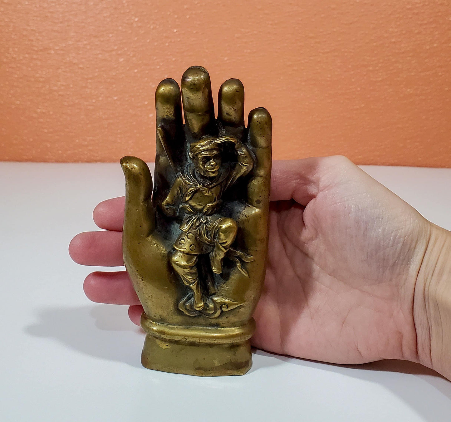 5.5" Vintage Chinese Brass Sun WuKong Handsome Monkey King In Buddha Hand Statue
