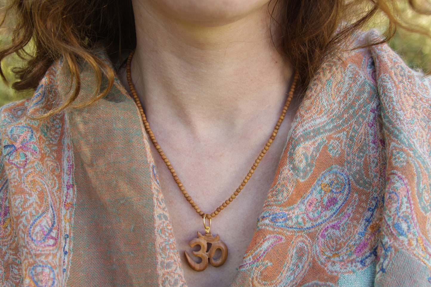 Om Pendant Necklace - Spiritual Sandalwood Beads Necklace Perfect Yoga Gift 18"