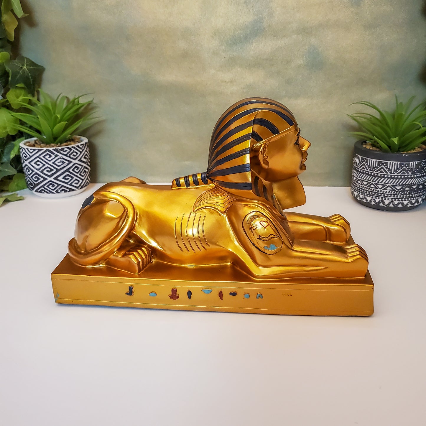 Egyptian Sphinx of Giza Large Gold and Blue Vintage Sphinx Altar Statue 11.5" Long