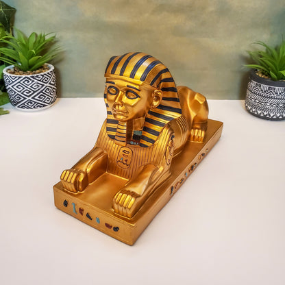 Egyptian Sphinx of Giza Large Gold and Blue Vintage Sphinx Altar Statue 11.5" Long