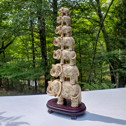 Vintage Resin Lucky Seven Stacked Elephants 16.5" Sculpture | Feng Shui Home Decor  15.5"