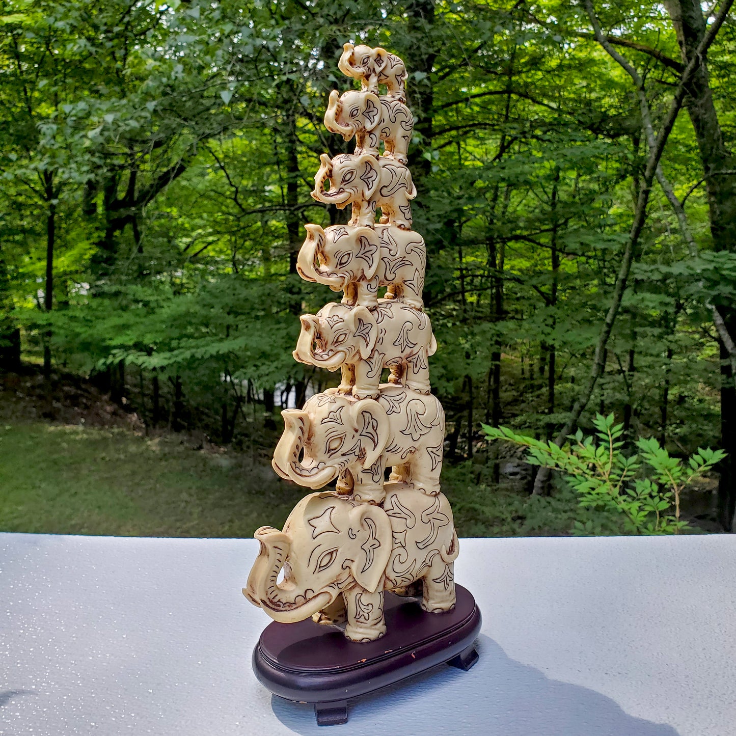 Vintage Resin Lucky Seven Stacked Elephants 16.5" Sculpture | Feng Shui Home Decor  15.5"