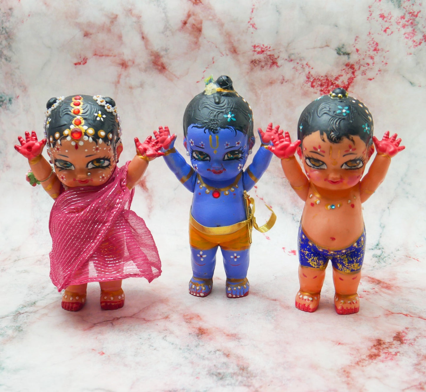 Handmade Hand-painted Resin Sri Radha Krishna Balaram Deity Doll Set  VTG 7"