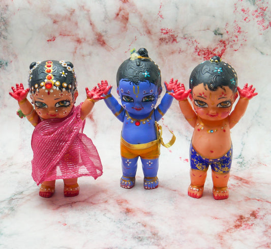 Handmade Hand-painted Resin Sri Radha Krishna Balaram Deity Doll Set  VTG 7"