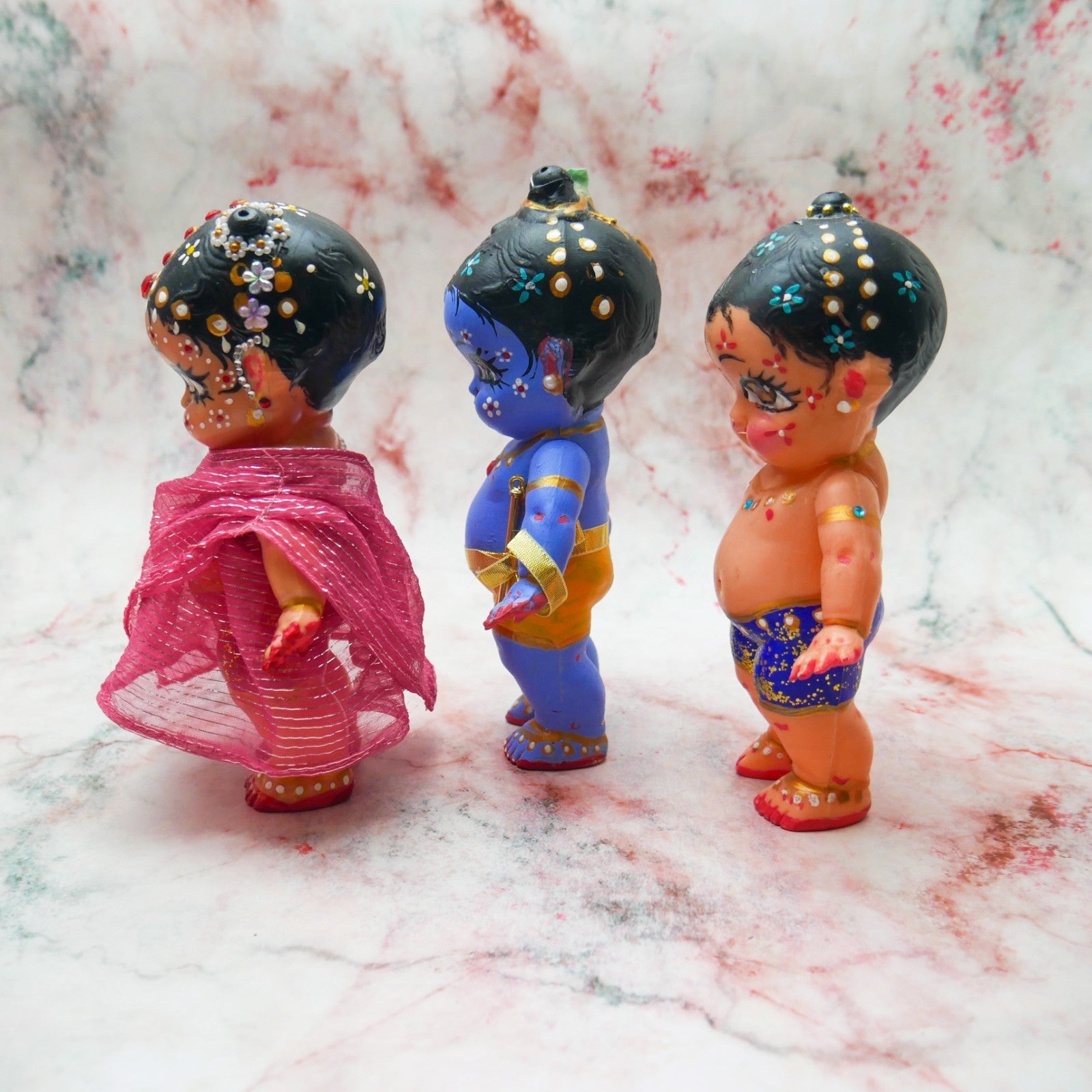 Handmade Hand-painted Resin Sri Radha Krishna Balaram Deity Doll Set  VTG 7"