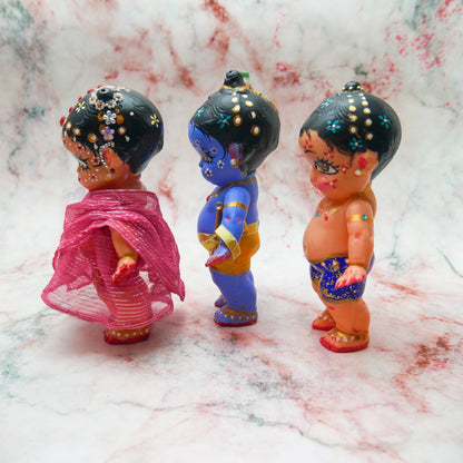 Handmade Hand-painted Resin Sri Radha Krishna Balaram Deity Doll Set  VTG 7"