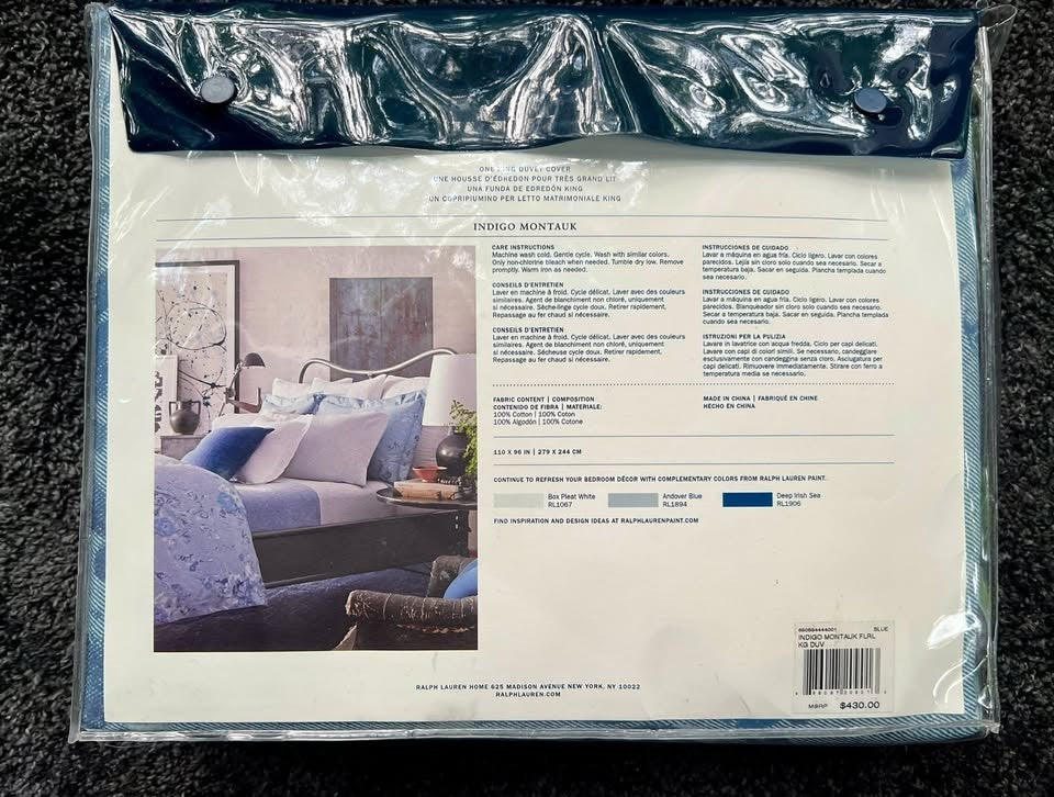 Brand New Ralph Lauren Indigo Montauk Floral King Duvet 100% Cotton  110"x96"