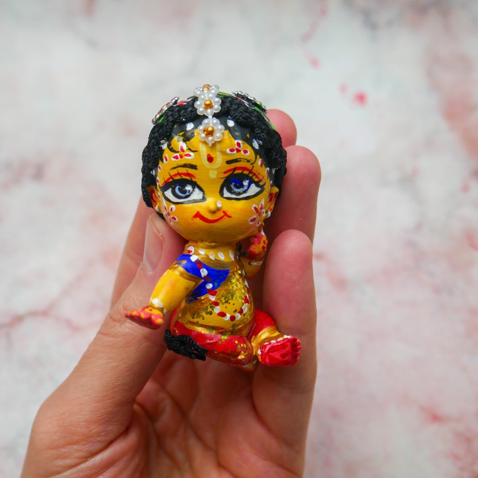 Handmade Hand-painted Mini Sri Radha Krishna Balaram with Beds Deity Doll Set