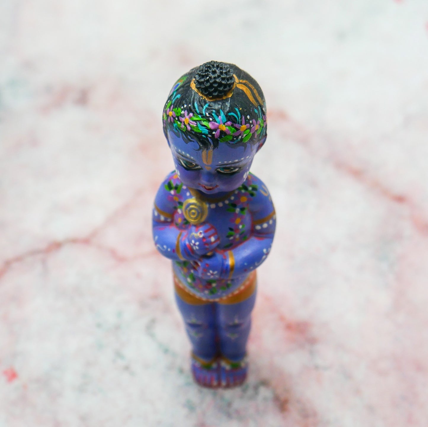 Adorable Handmade Hand-painted Resin Miniature Sri Krishna Doll 4"