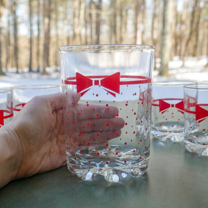 VTG 1980’s Set 6 Italian Red Polka Dot Bow Tie Cocktail Glasses +Large Ice Glass