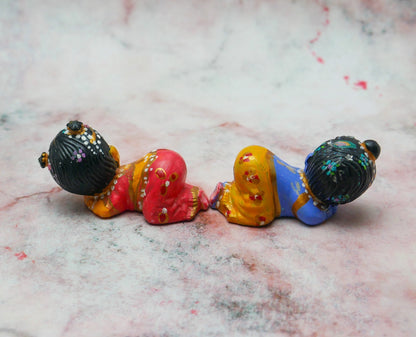 Adorable Handmade Hand-painted Mini Snuggling Sri Radha Krishna Baby Dolls 2.5"
