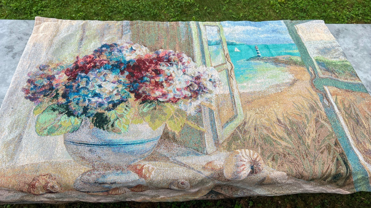 Danhui Nai Coastal Hydrangea Woven Tapestry Wall Hanging 53"x35" Made USA
