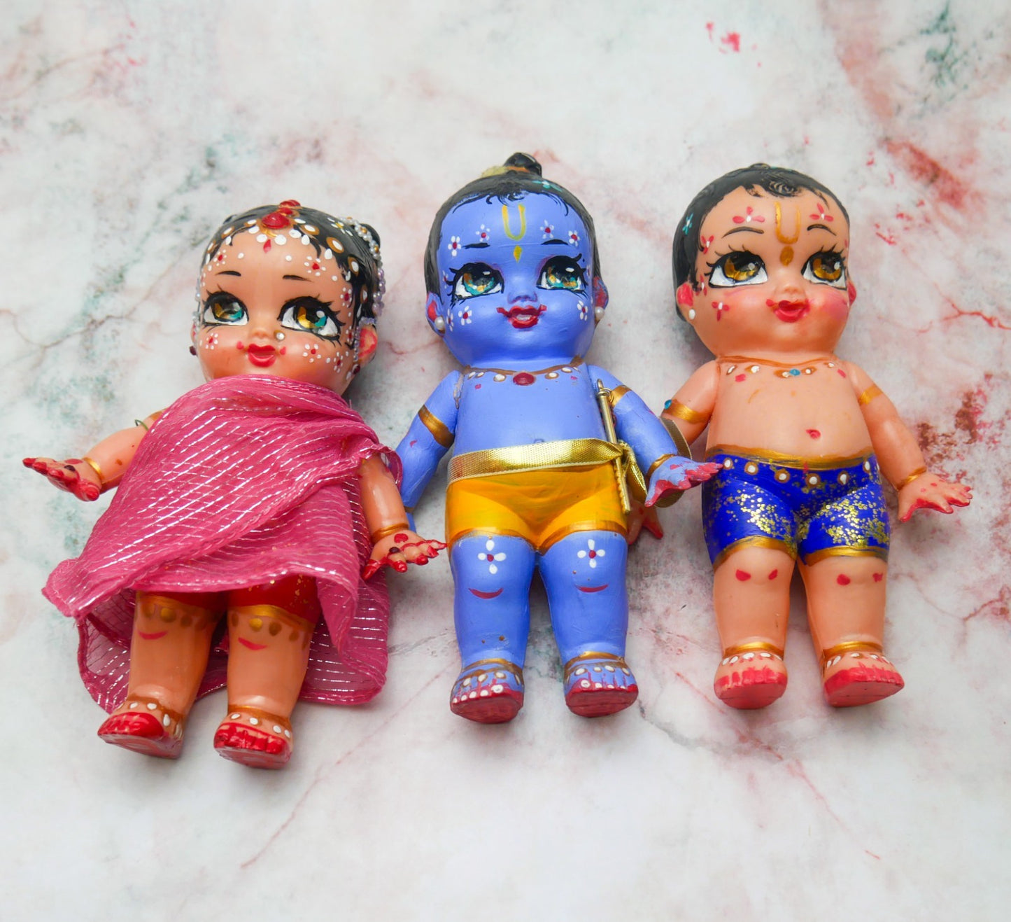 Handmade Hand-painted Resin Sri Radha Krishna Balaram Deity Doll Set  VTG 7"