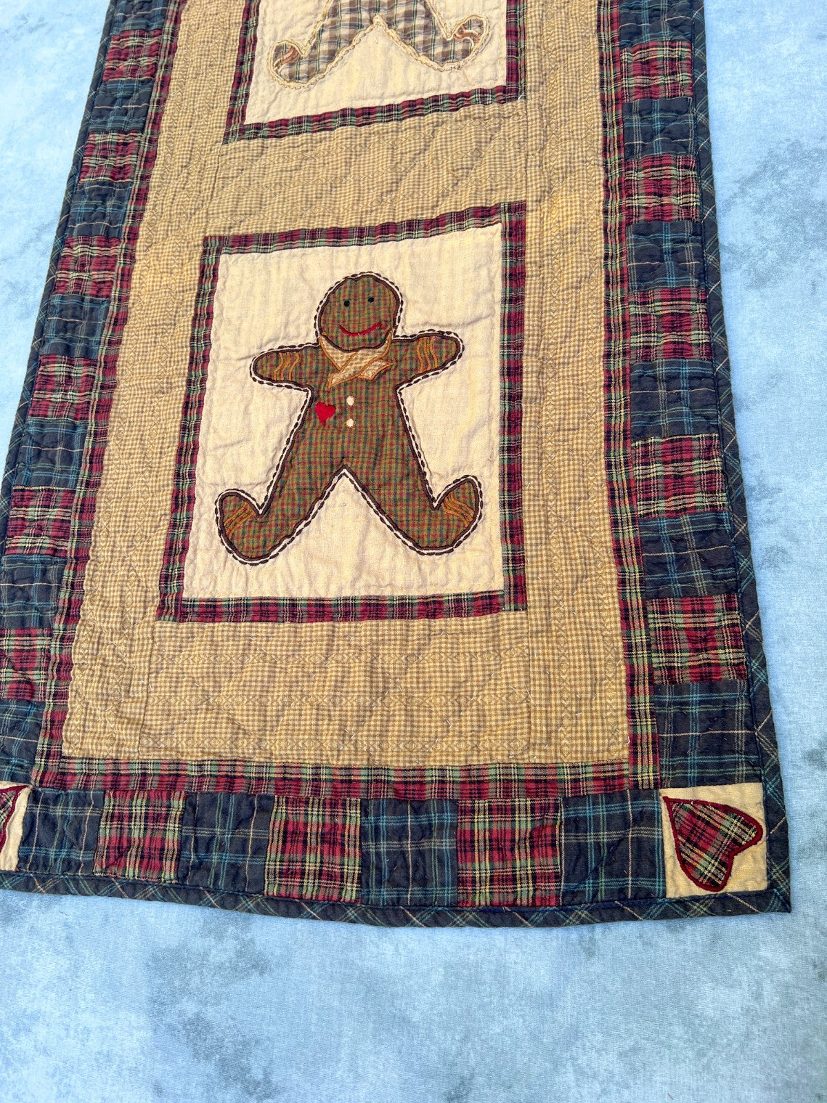50"x17" Gingerbread Plaid Table Runner Quilt  100% Cotton Handmade Hand Quilted