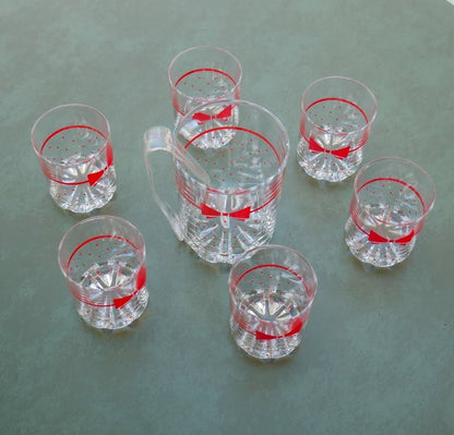 VTG 1980’s Set 6 Italian Red Polka Dot Bow Tie Cocktail Glasses +Large Ice Glass