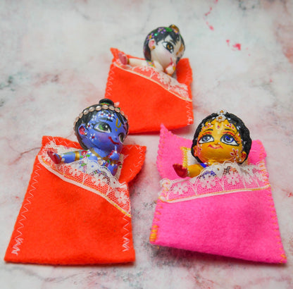 Handmade Hand-painted Mini Sri Radha Krishna Balaram with Beds Deity Doll Set