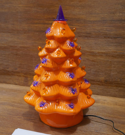 Mr. Halloween 14" Spider and Witch Hat Haunted Halloween Ceramic Orange Tree