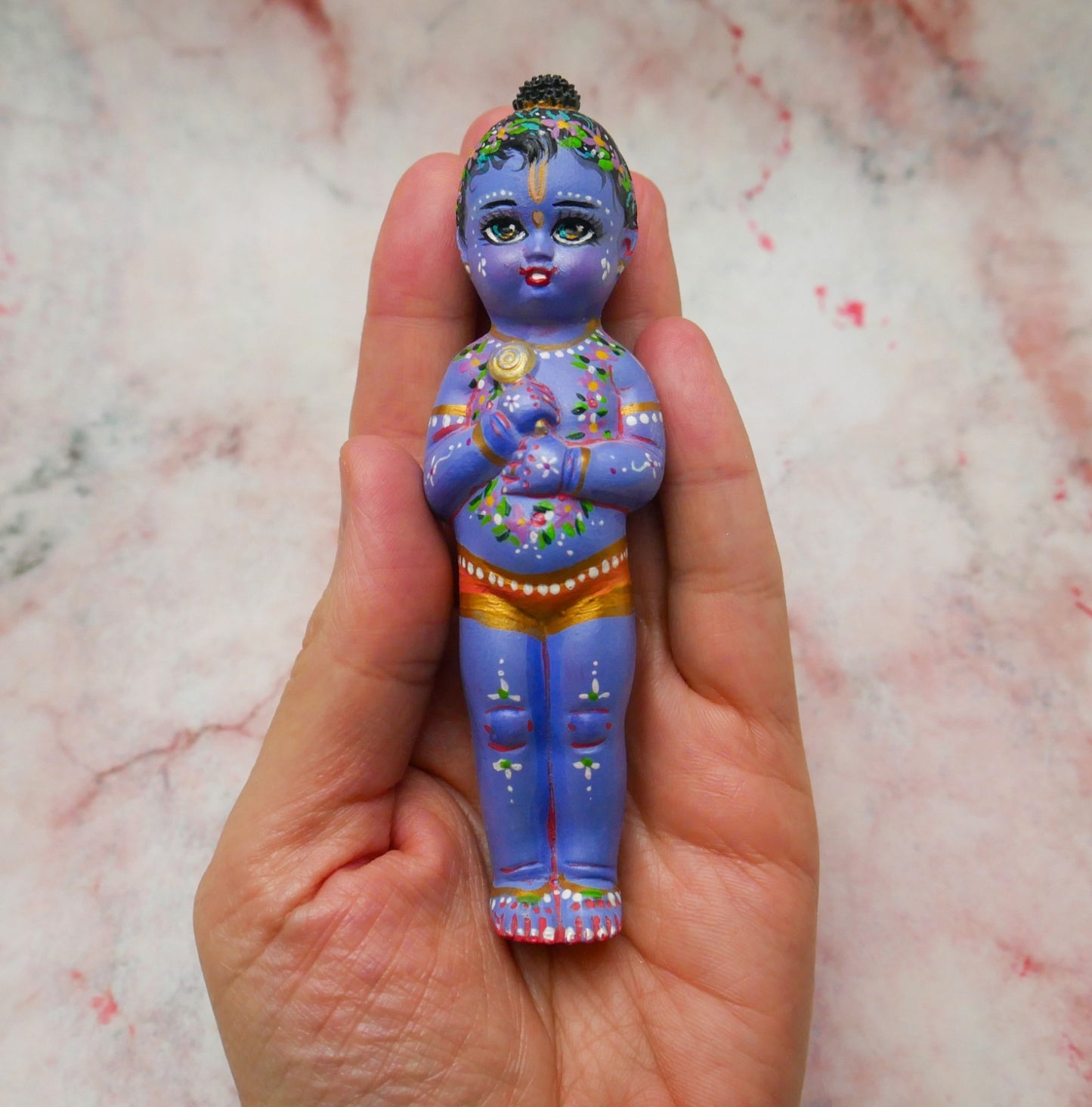 Adorable Handmade Hand-painted Resin Miniature Sri Krishna Doll 4"