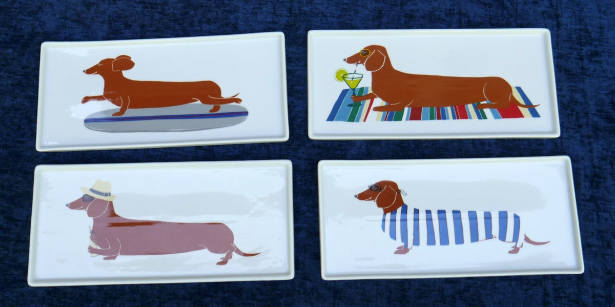 4 Claudia Pearson for West Elm Dachshund Wiener Dog Rectangular Appetizer Plates