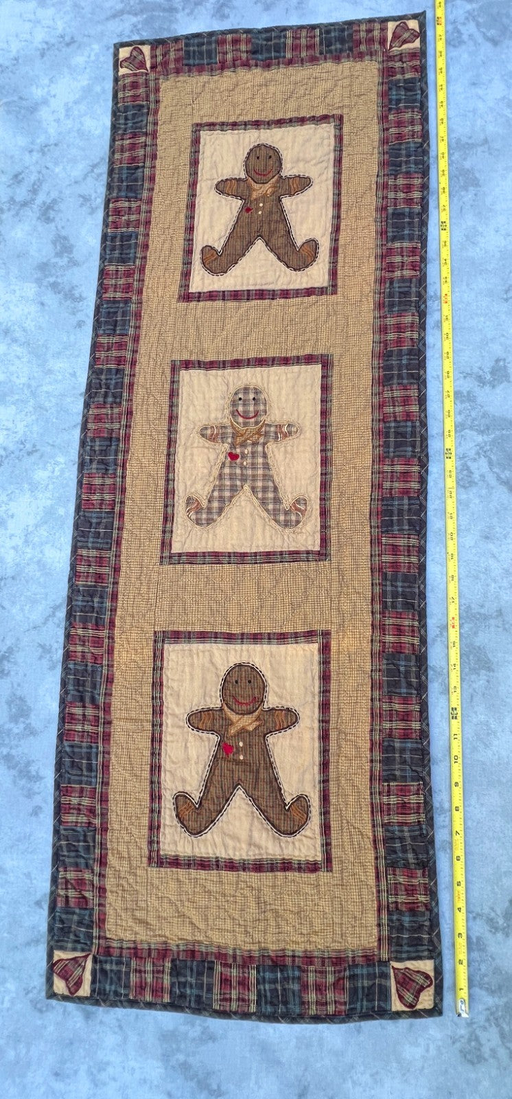 50"x17" Gingerbread Plaid Table Runner Quilt  100% Cotton Handmade Hand Quilted