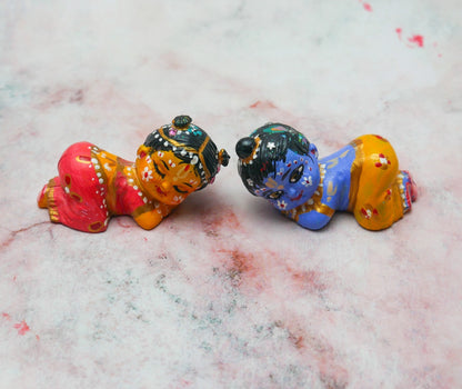 Adorable Handmade Hand-painted Mini Snuggling Sri Radha Krishna Baby Dolls 2.5"