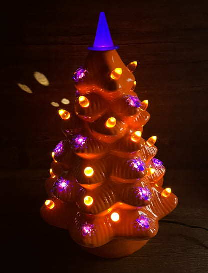 Mr. Halloween 14" Spider and Witch Hat Haunted Halloween Ceramic Orange Tree
