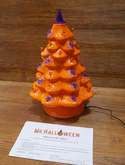 Mr. Halloween 14" Spider and Witch Hat Haunted Halloween Ceramic Orange Tree