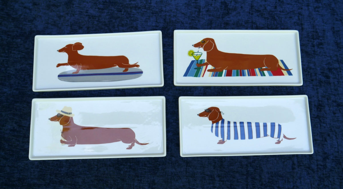 4 Claudia Pearson for West Elm Dachshund Wiener Dog Rectangular Appetizer Plates