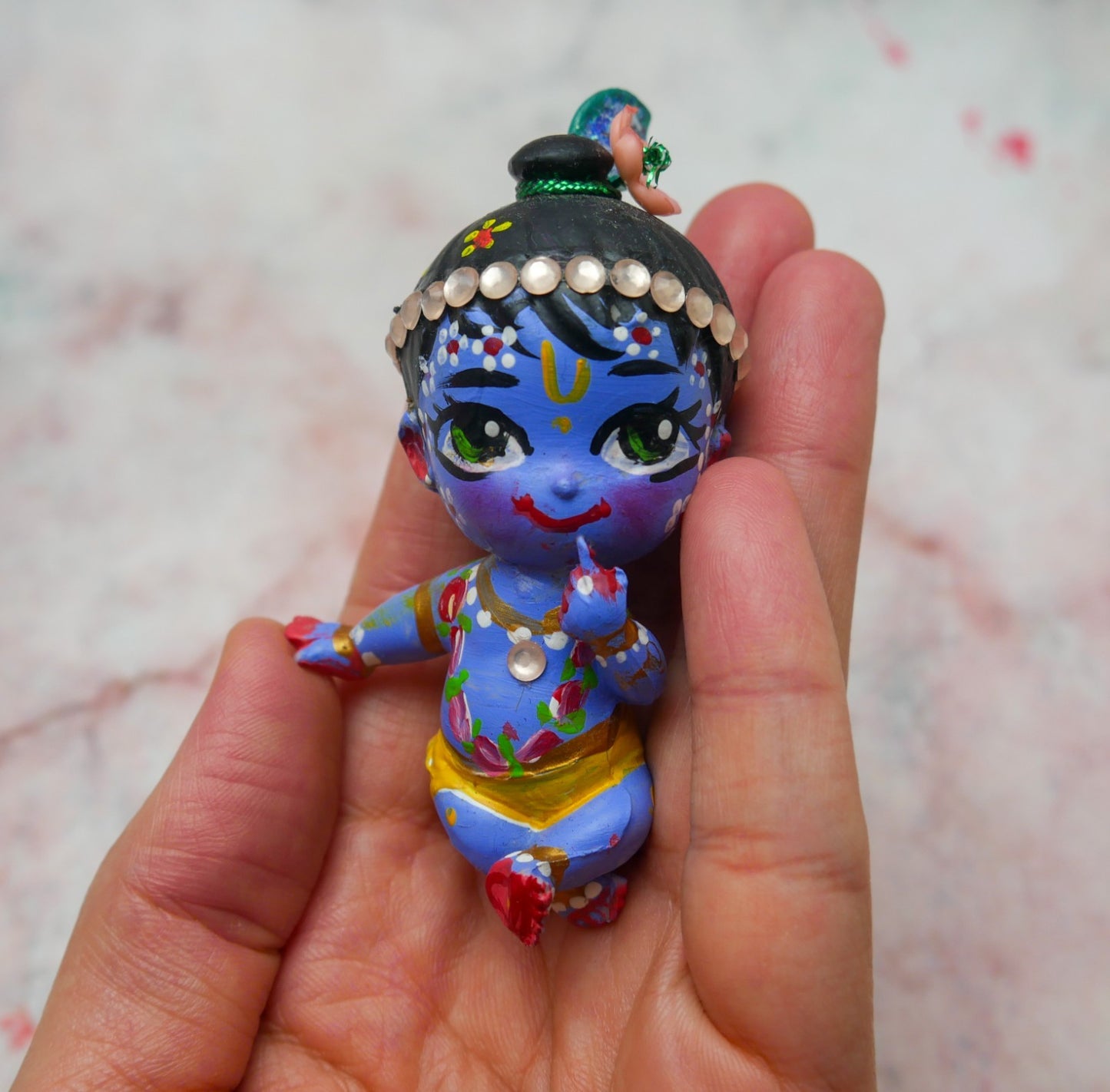 Handmade Hand-painted Mini Sri Radha Krishna Balaram with Beds Deity Doll Set