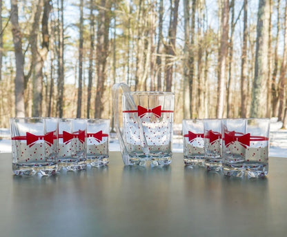 VTG 1980’s Set 6 Italian Red Polka Dot Bow Tie Cocktail Glasses +Large Ice Glass