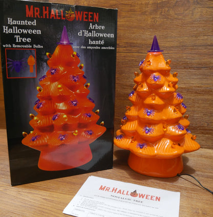Mr. Halloween 14" Spider and Witch Hat Haunted Halloween Ceramic Orange Tree