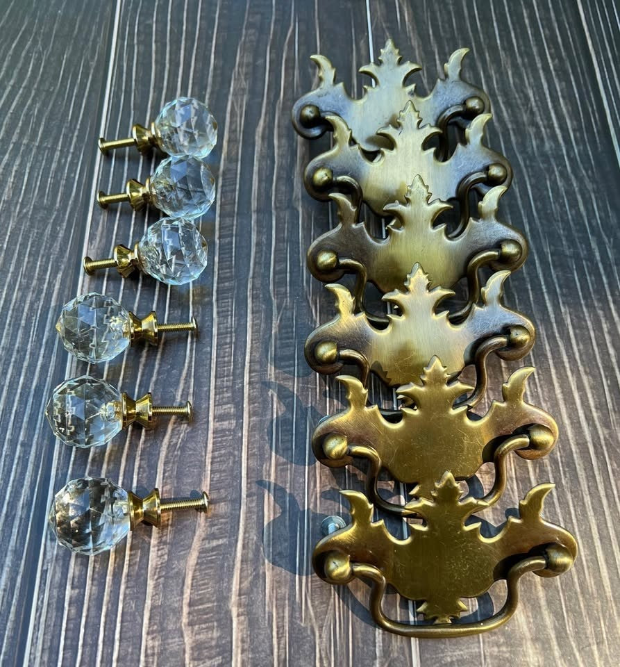 Ornate Vintage Brass Handles & Crystal Drawer Cabinet Knobs – Hardware Lot