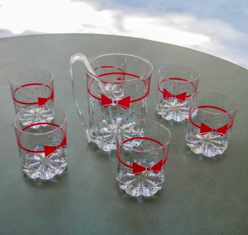 VTG 1980’s Set 6 Italian Red Polka Dot Bow Tie Cocktail Glasses +Large Ice Glass