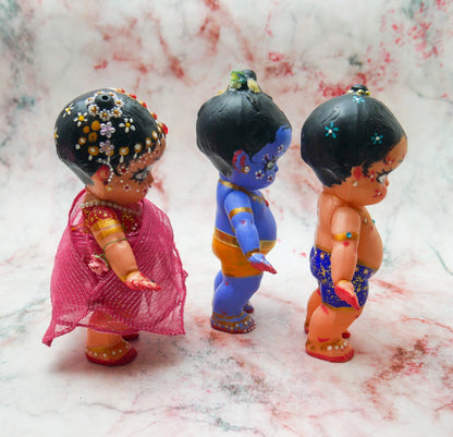 Handmade Hand-painted Resin Sri Radha Krishna Balaram Deity Doll Set  VTG 7"